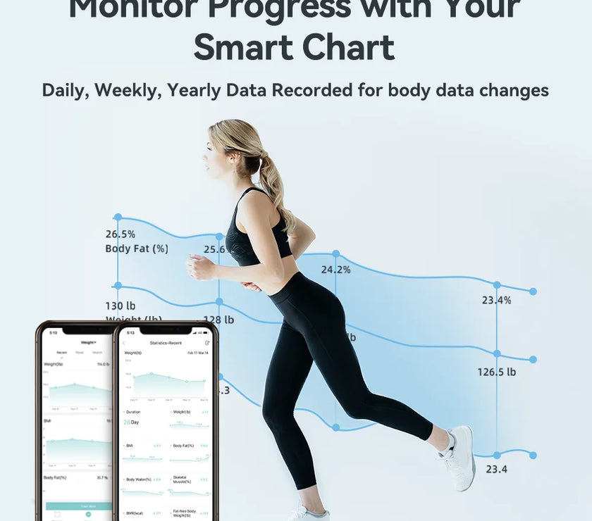 Woman running with smartphone displaying fitness app on a white background