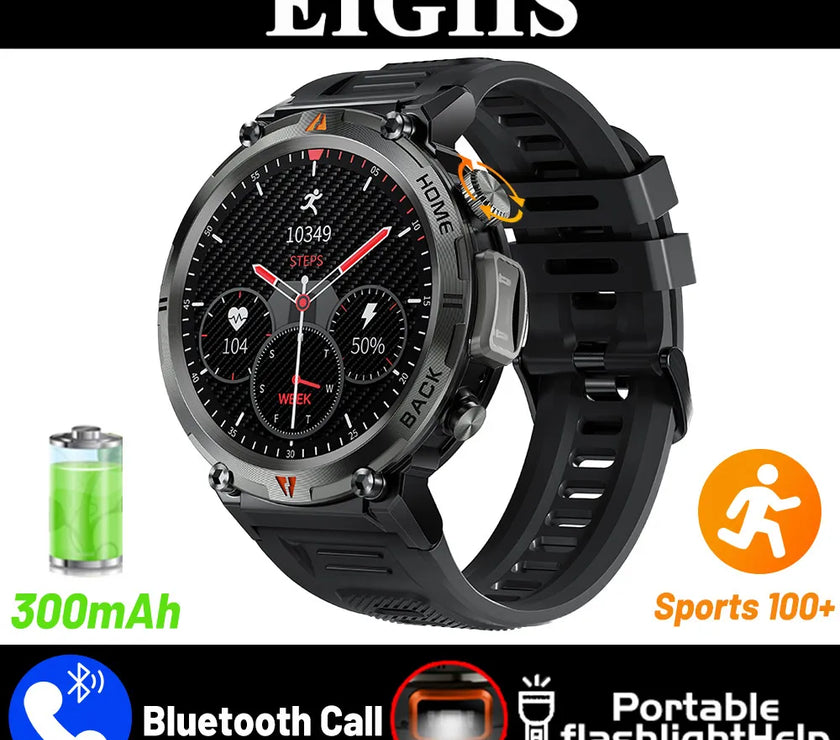 Black smartwatch with digital display and various features highlighted, branded 'EIGIIS'.