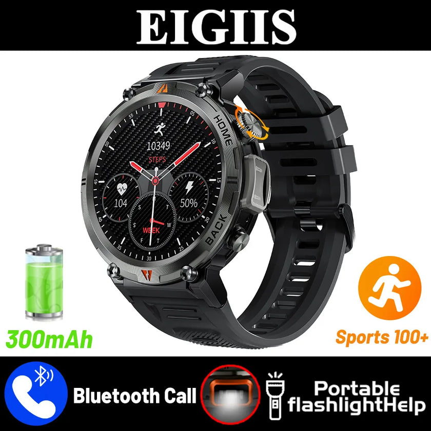 Black smartwatch with digital display and various features highlighted, branded 'EIGIIS'.