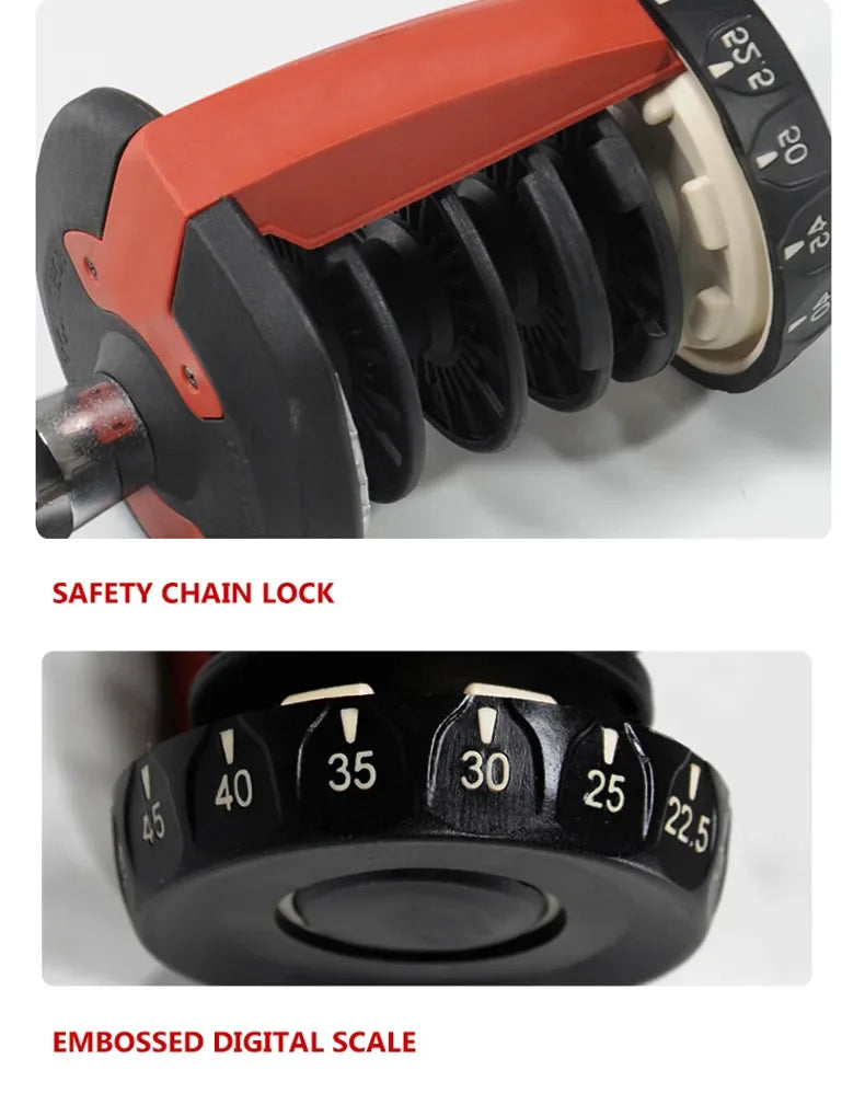 Close-up of a safety chain lock and embossed digital scale with labeled text.