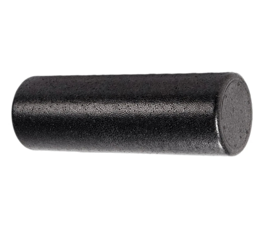 Black foam roller on a white background