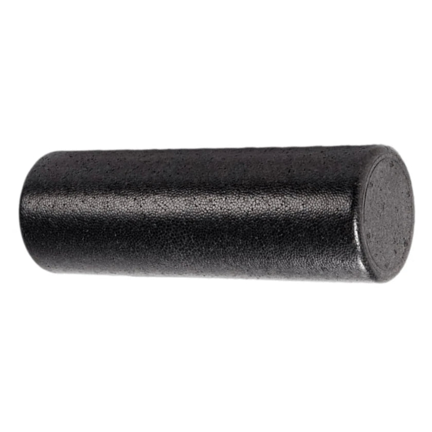 Black foam roller on a white background
