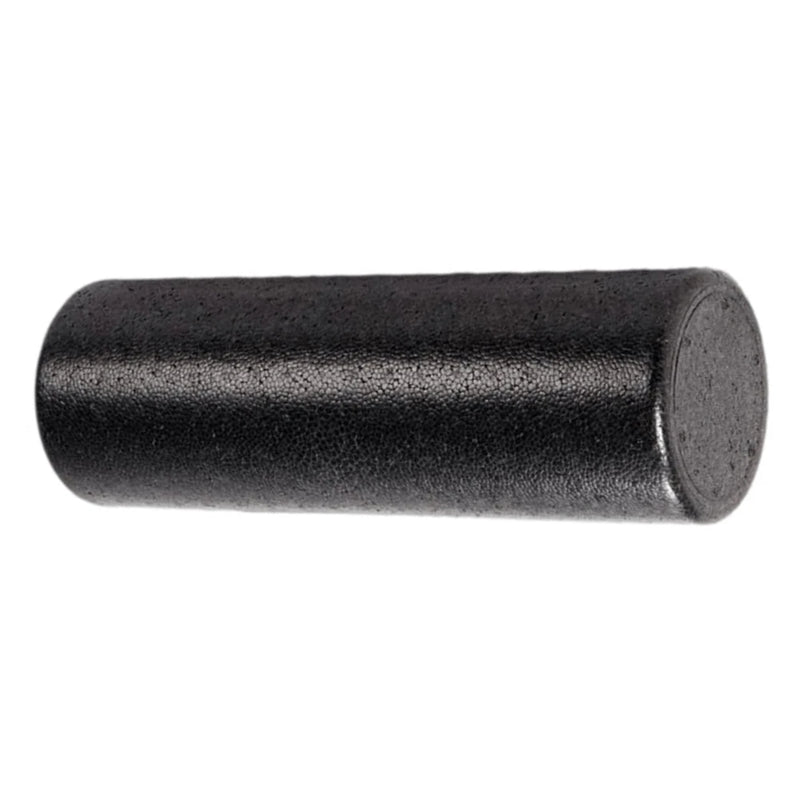 Black foam roller on a white background