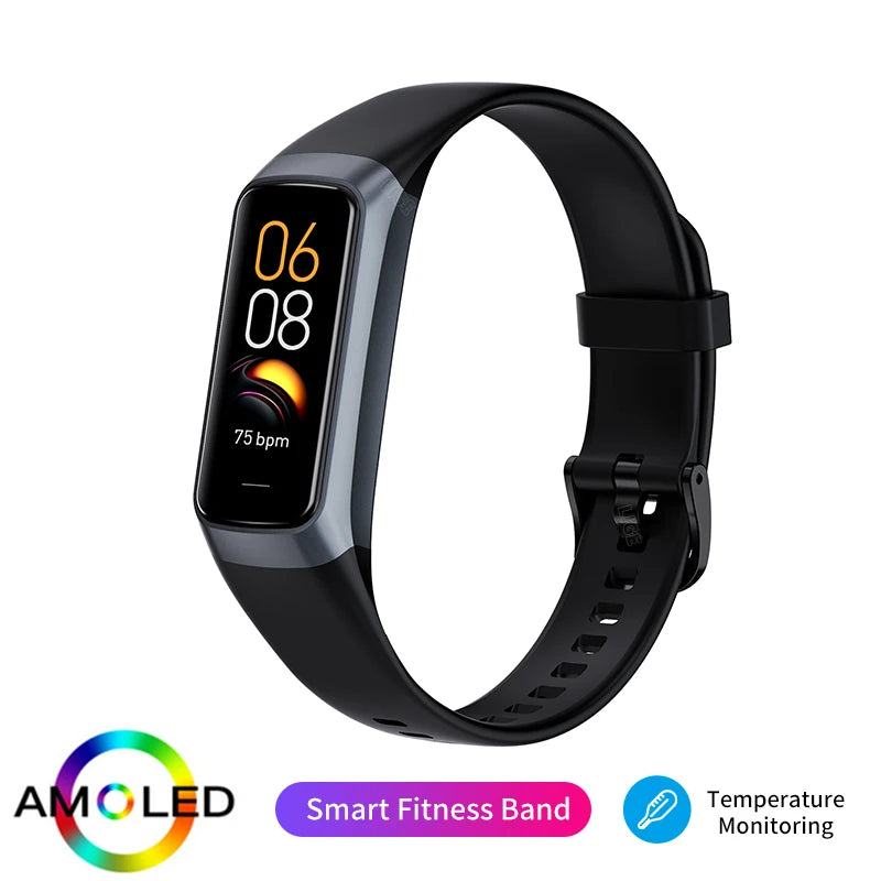 Black smart fitness band with AMOLED display on a white background