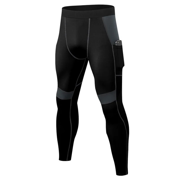 Men’s high-performance compression tights for running and gym workouts in black – stretchy, breathable, and sweat-wicking.