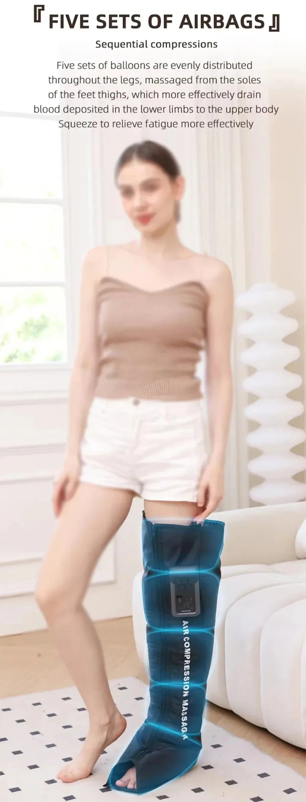 Woman wearing a blue airbag leg support in a room with white walls and a couch.