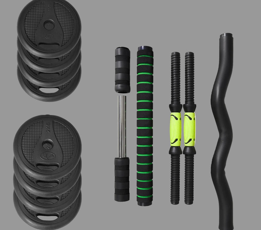 Set of gym equipment including weight plates and bars with measurements on a white background