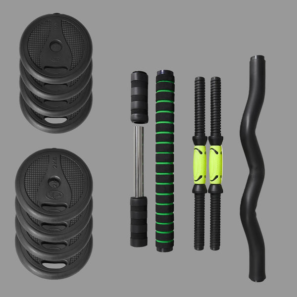 Set of gym equipment including weight plates and bars with measurements on a white background