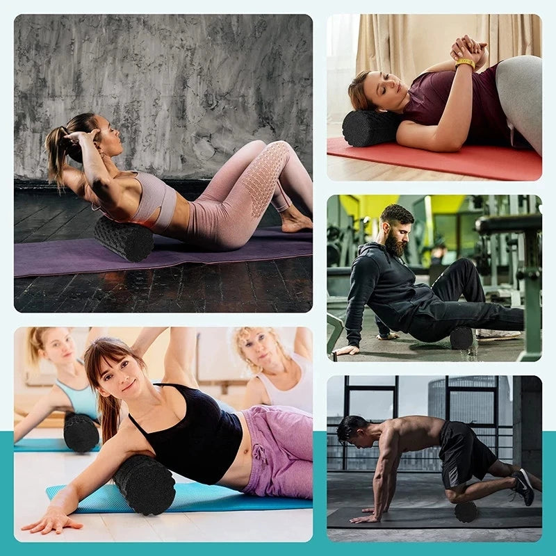 Collage of people using foam rollers for muscle recovery in various settings.