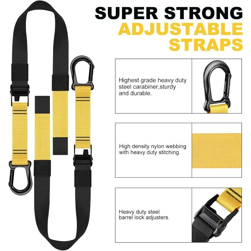 Yellow and black adjustable straps with carabiners on a white background
