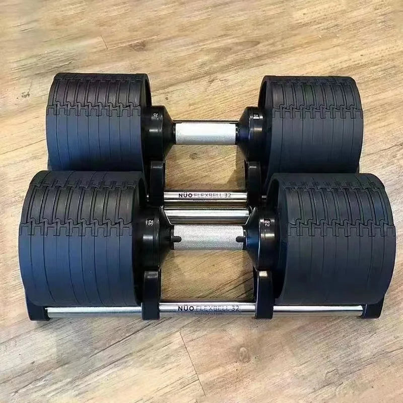 Pair of black and blue dumbbells on a wooden floor