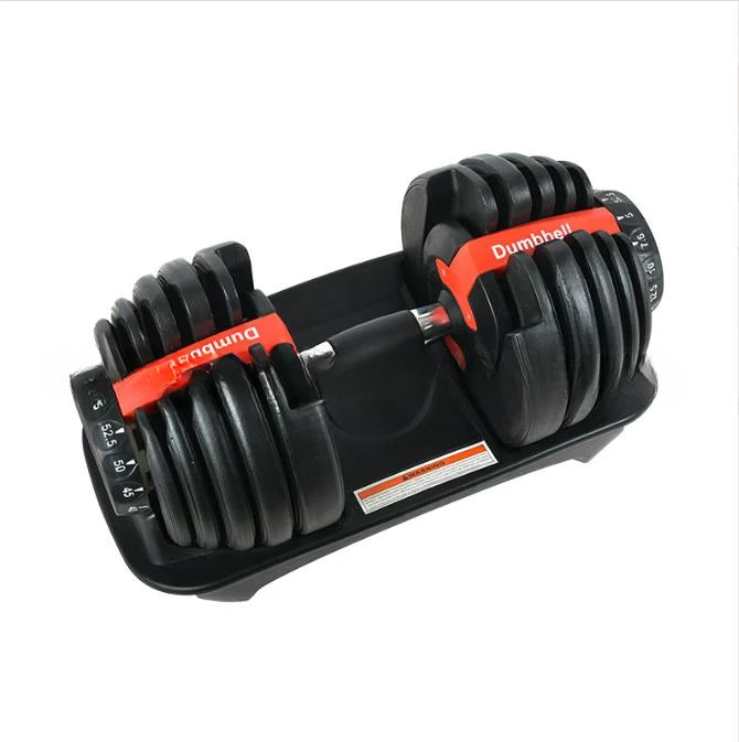 Pair of adjustable dumbbells on a white background