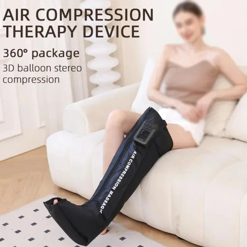 Air compression therapy device on a person's leg with text about the product features.
