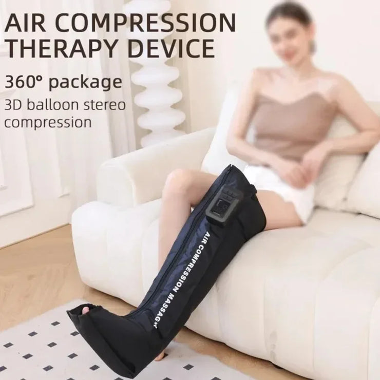 Air compression therapy device on a person's leg with text about the product features.