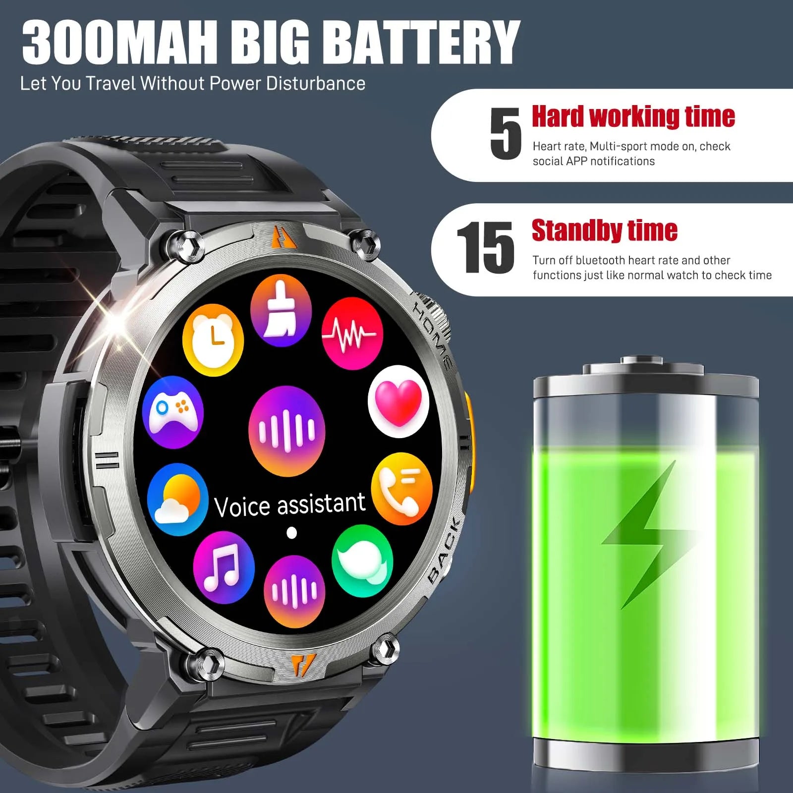 Smartwatch with colorful display and battery icon on a dark background