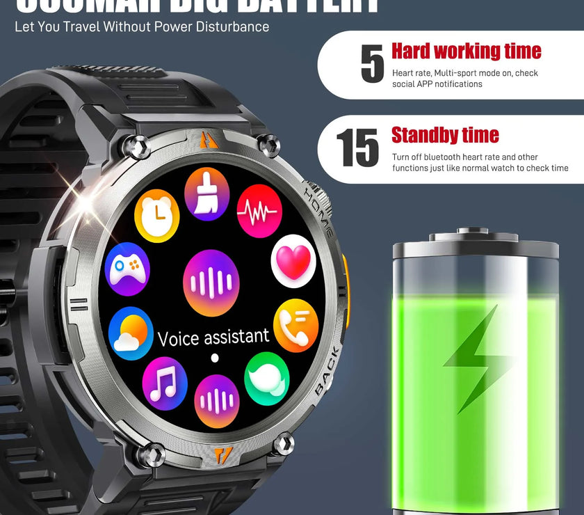 Smartwatch with colorful display and battery icon on a dark background