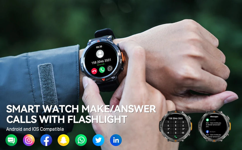 Smartwatch being worn on a wrist with text about call functionality and compatibility.