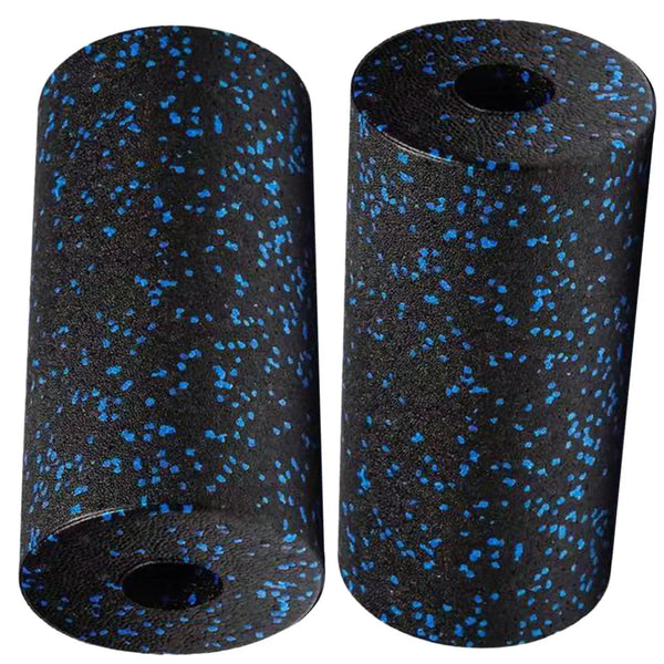 Two black foam rollers with blue speckles on a white background