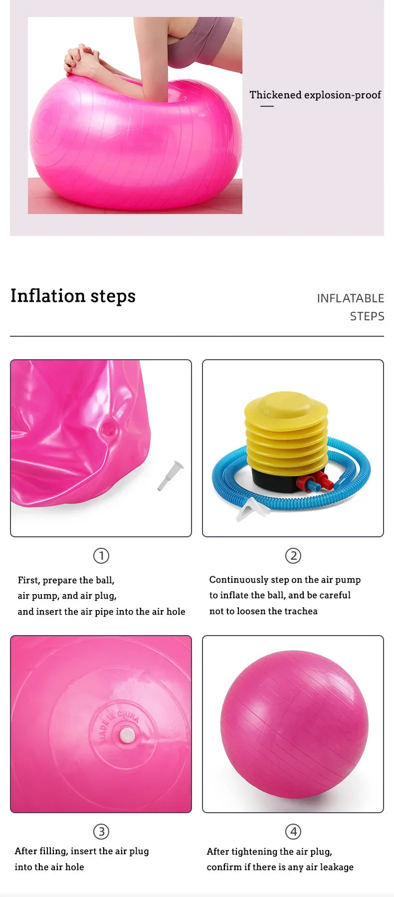 Instructions for inflating pink inflatable steps with images and text.
