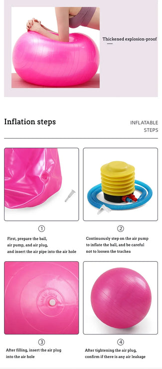 Instructions for inflating pink inflatable steps with images and text.