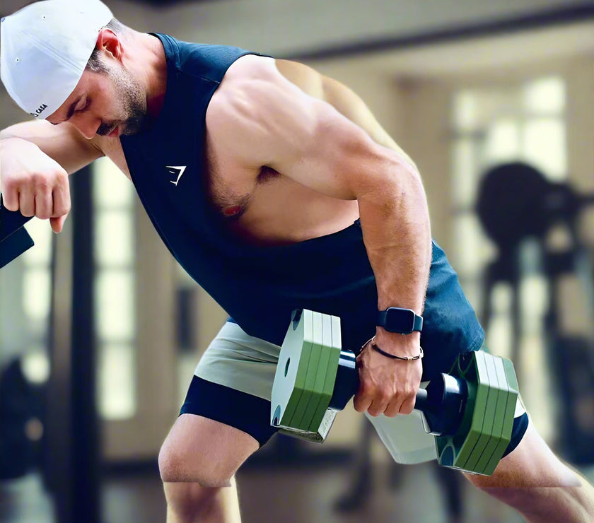 Man lifting green dumbbells outdoors with text about solid steel sheet and high quality.