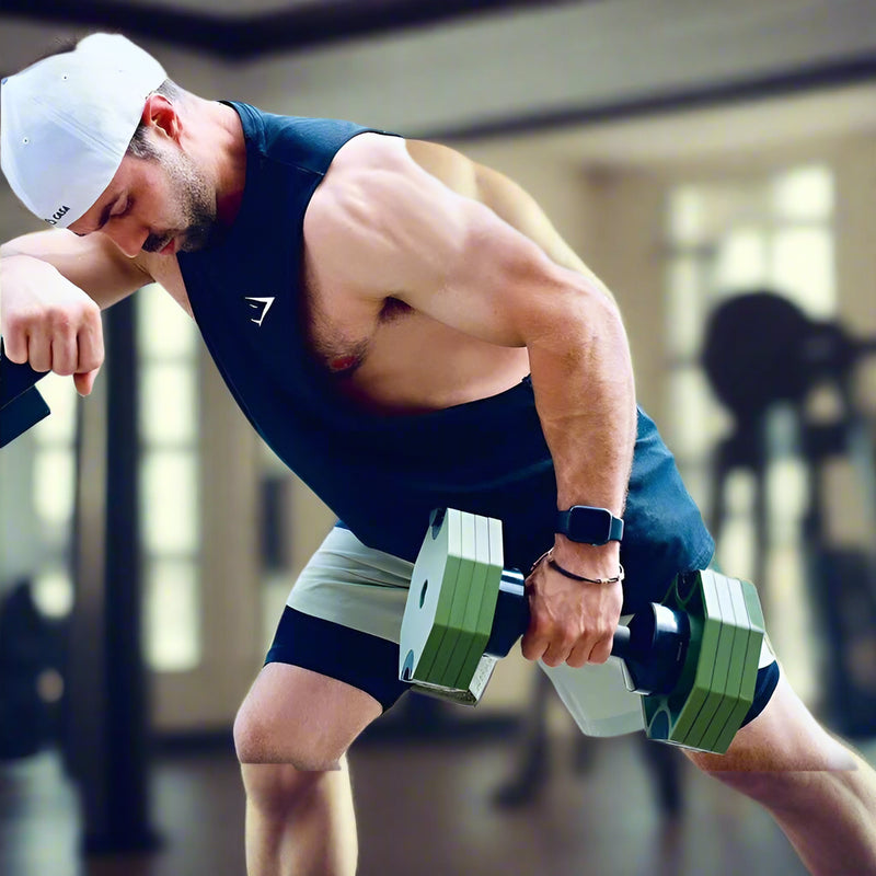 Man lifting green dumbbells outdoors with text about solid steel sheet and high quality.