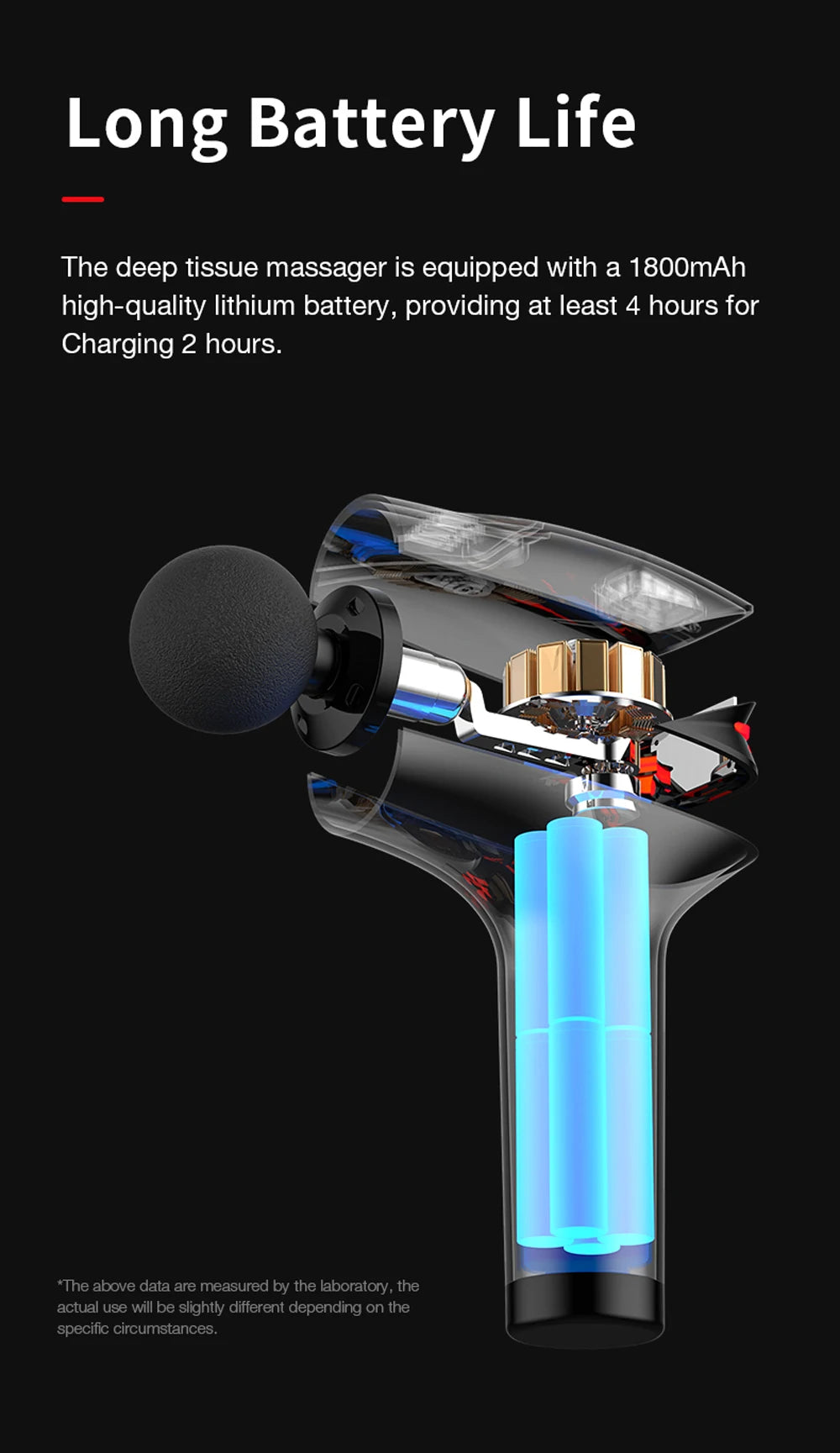 Deep tissue massager with battery information on a black background