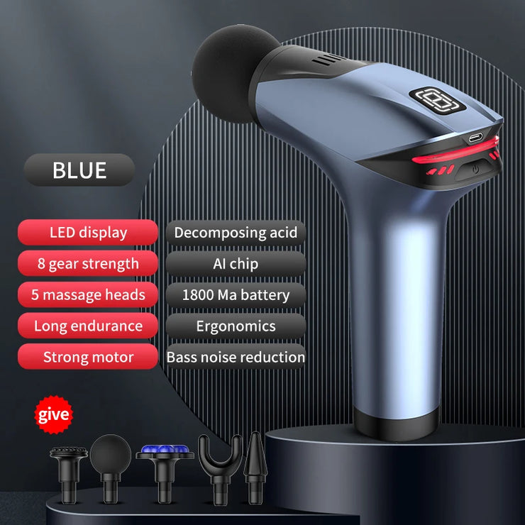 Blue handheld massage device with features listed on a dark background