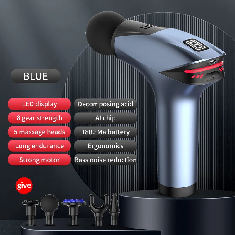 Blue handheld massage device with features listed on a dark background