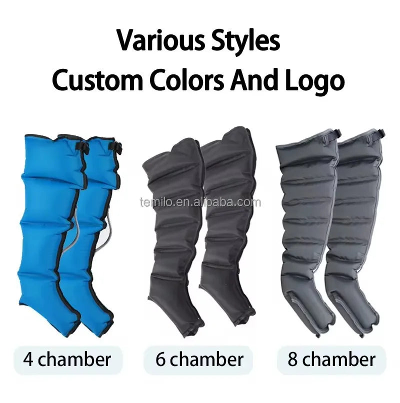 Three different styles of leg wraps labeled '4 chamber', '6 chamber', and '8 chamber' on a white background.