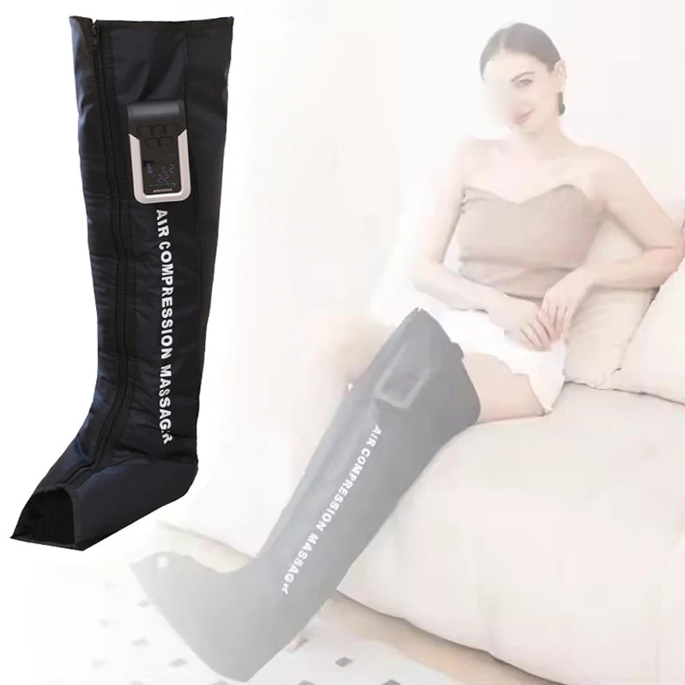 Air compression massage boot with a woman sitting on a couch in the background