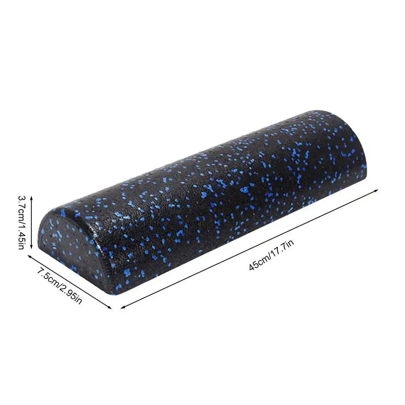 Black foam roller with blue speckles and dimensions on a white background