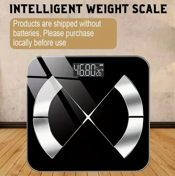 Digital weight scale on a wooden floor with text about product availability.