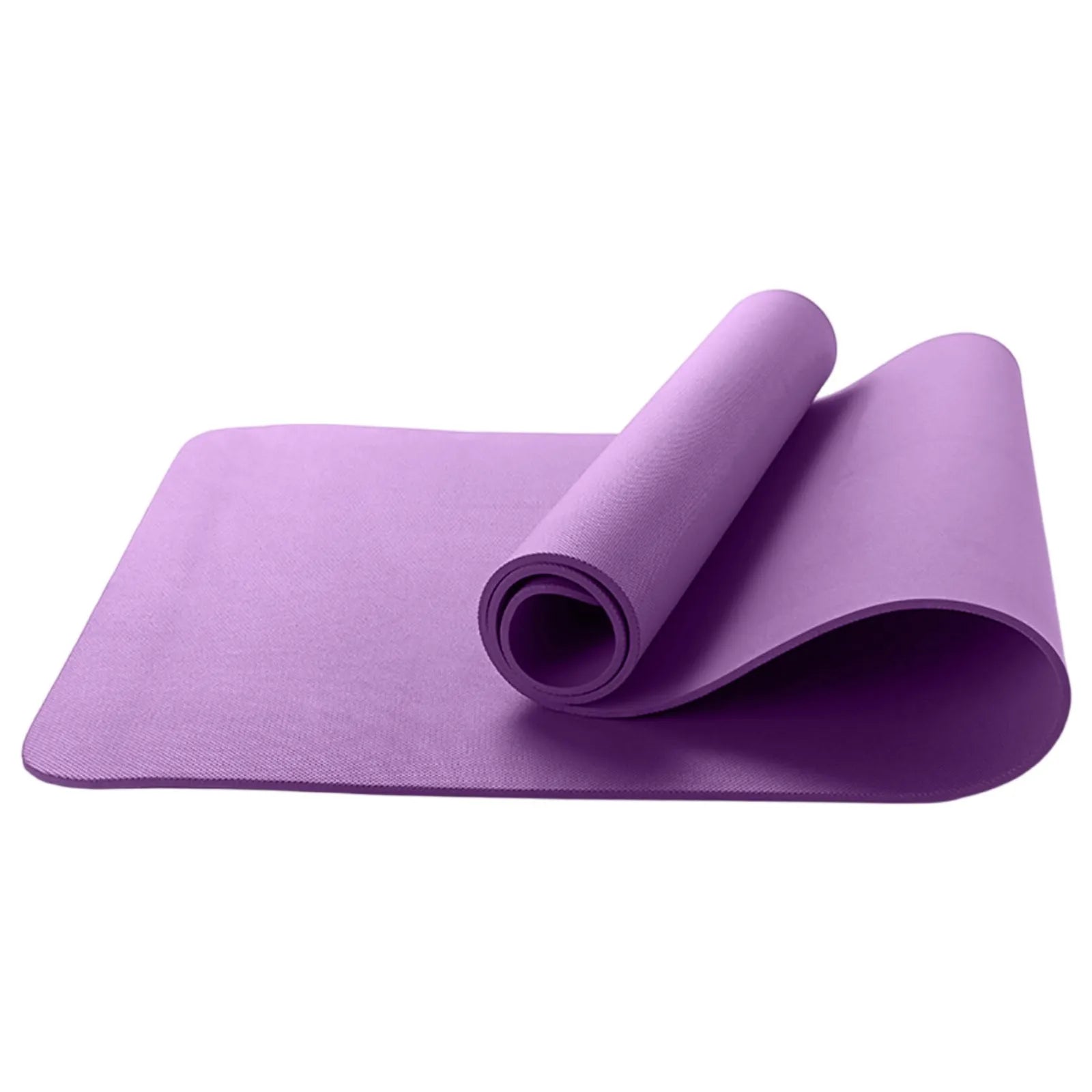 Purple yoga mat rolled up on a white background
