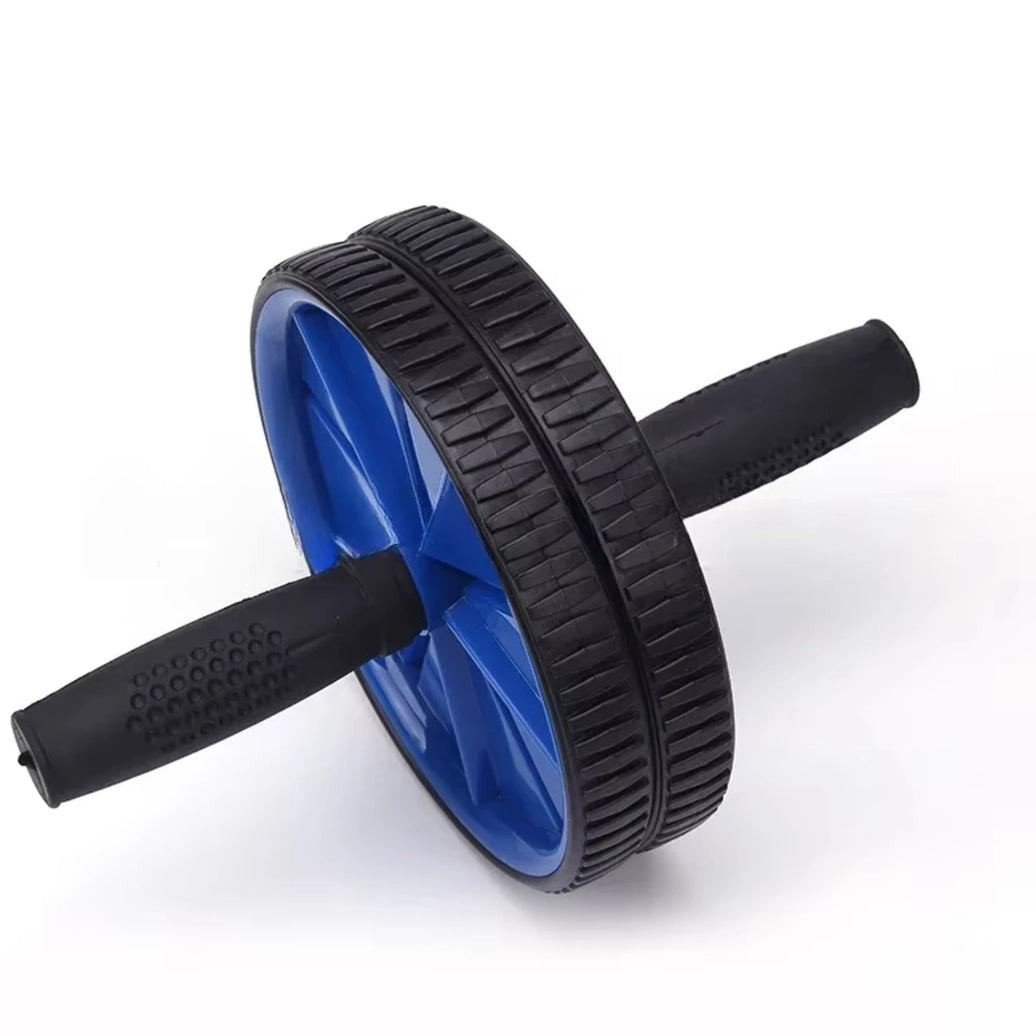 Black and blue ab roller on a white background