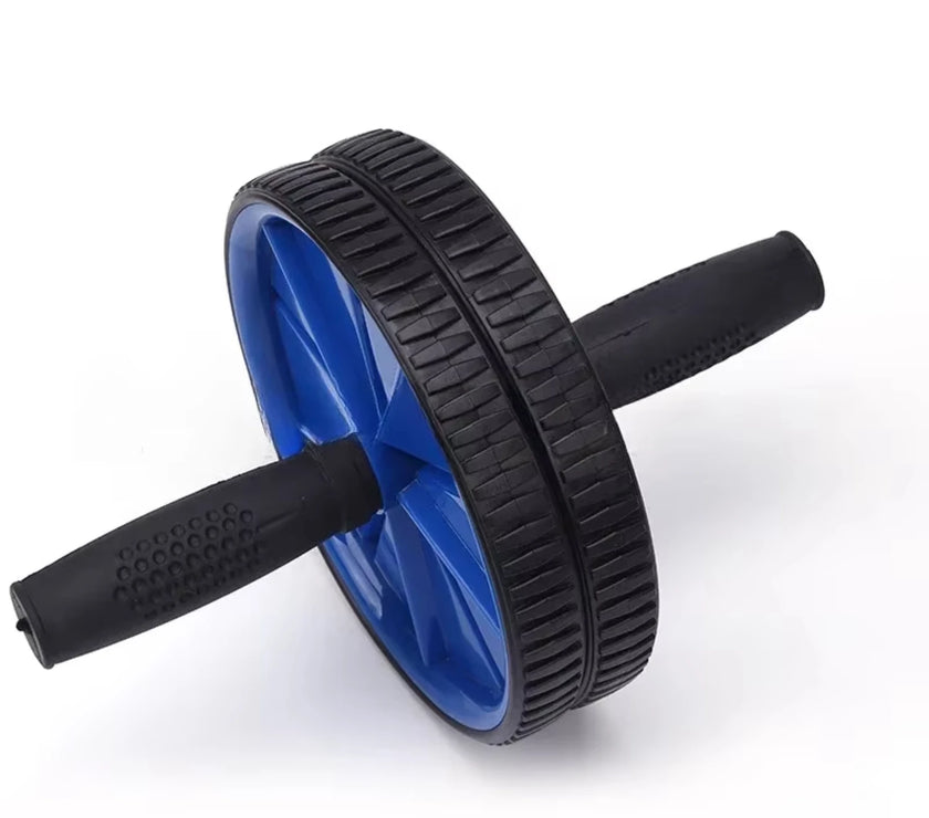 Black and blue ab roller on a white background