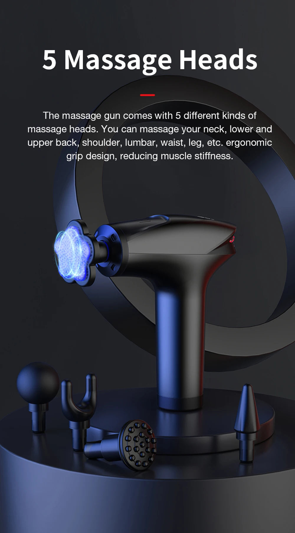Massage gun with multiple massage heads on a dark background