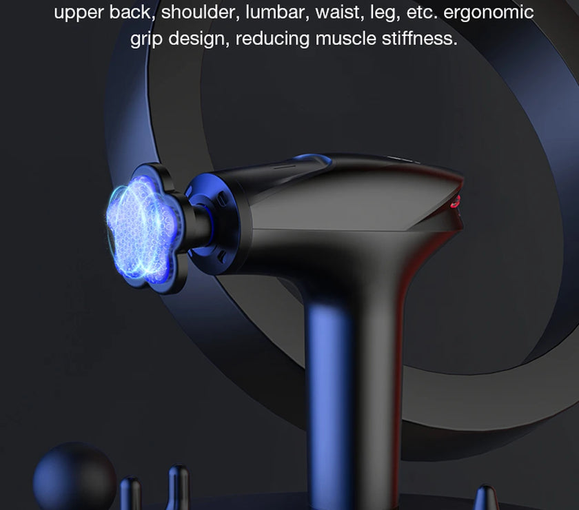 Massage gun with multiple massage heads on a dark background