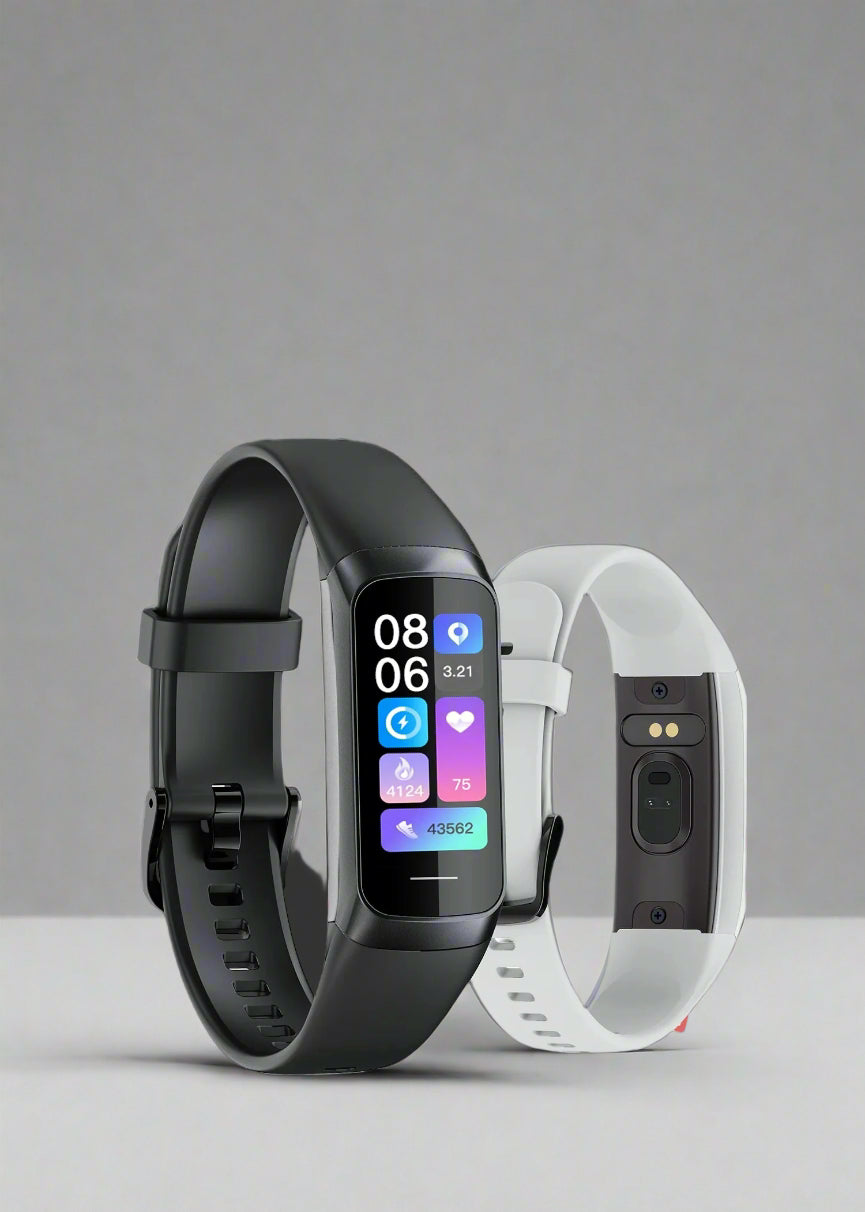 Black and white fitness trackers on a gray background