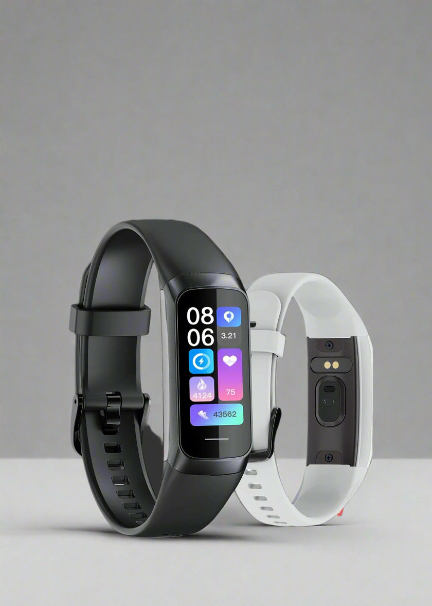 Black and white fitness trackers on a gray background