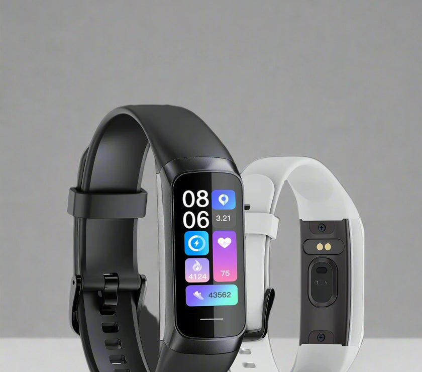 Black and white fitness trackers on a gray background
