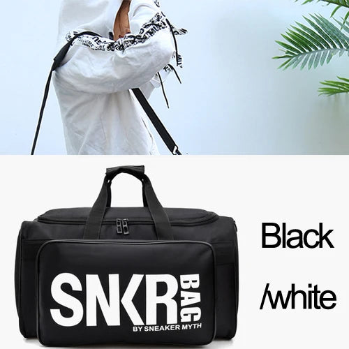 A black multifunctional adjustable gym bag with the text 'SNKR BAG' on the side, being worn by a person against a tropical backdrop, and an inset image showing the interior compartments filled with sneakers and clothing.
