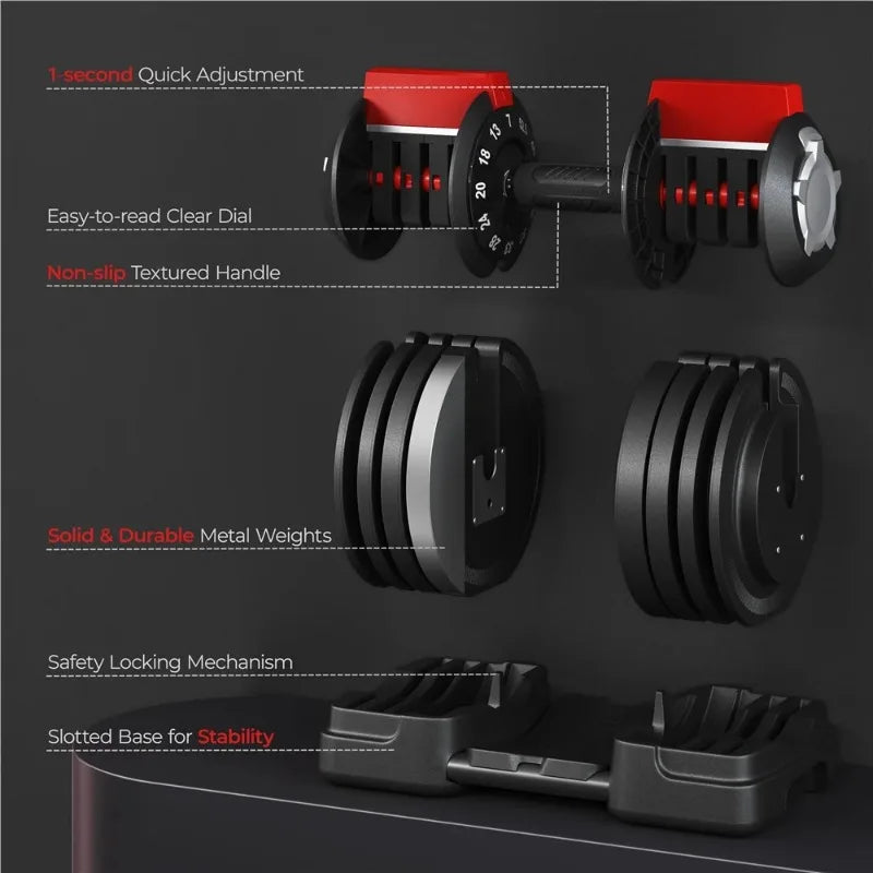 Black and red adjustable dumbbells with features highlighted on a dark background