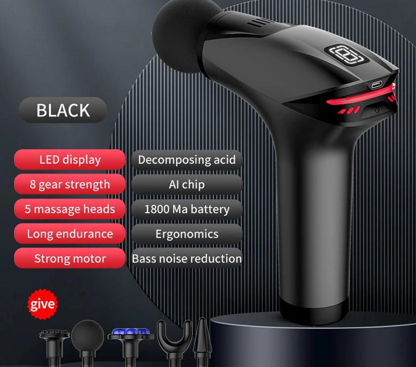 Black handheld device with massage heads and feature list on a dark background