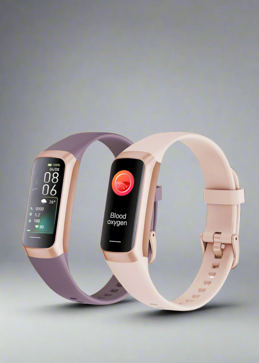 Two fitness trackers with blood oxygen monitoring feature on a white background