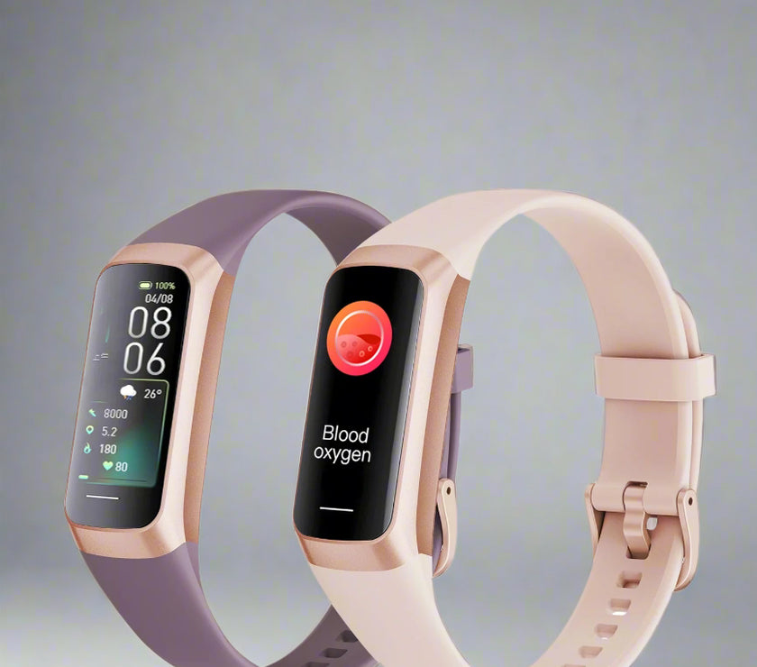 Two fitness trackers with blood oxygen monitoring feature on a white background