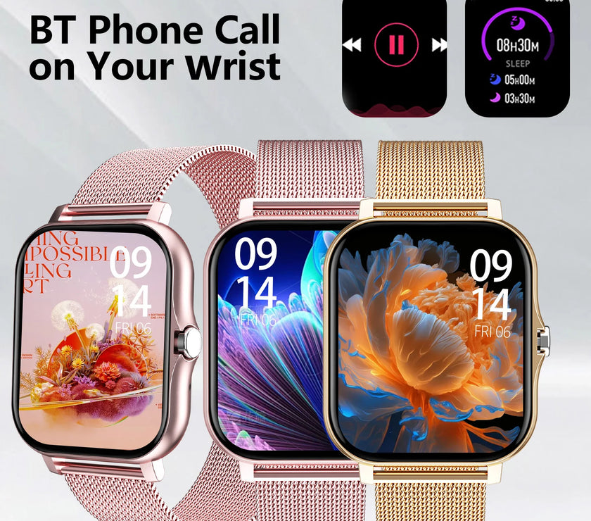 Smartwatch with rose gold mesh band on a light gray background, featuring app icons and text about BT phone calls.