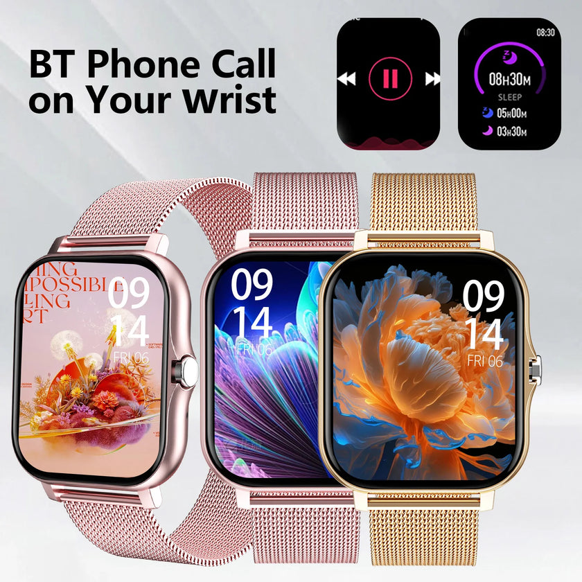 Smartwatch with rose gold mesh band on a light gray background, featuring app icons and text about BT phone calls.