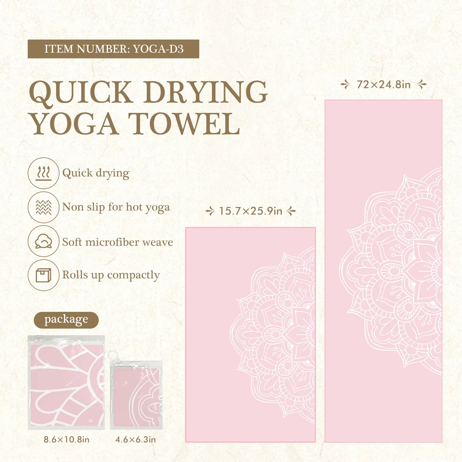 Quick drying yoga towel with pink design on a white background