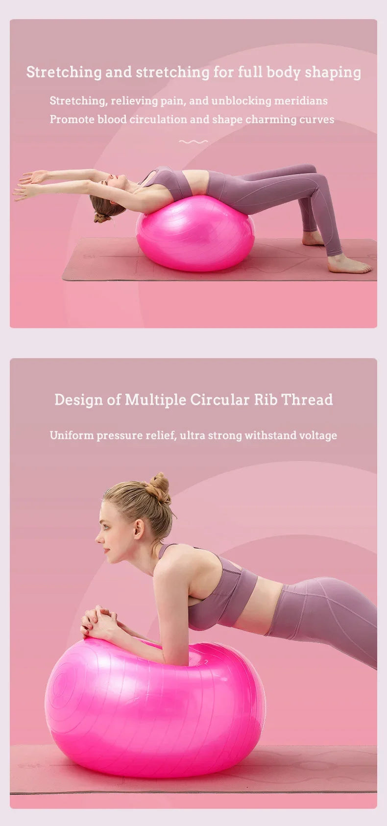 Woman exercising with a pink exercise ball on a pink background